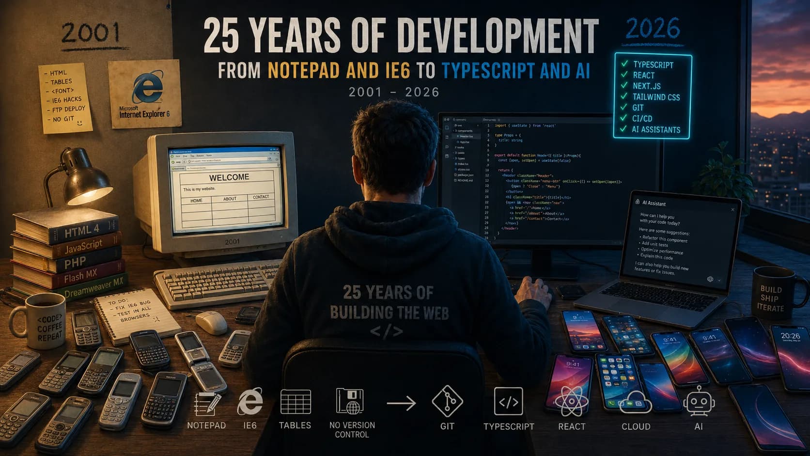 Breed bureaubeeld "25 years of development": linksboven een briefje met HTML, tabellen en IE6-hacks naast een Internet Explorer 6-bordje, rechtsboven een neonlijst met TypeScript, React, Git en AI assistants, en daartussen een CRT-monitor uit 2001 tegenover een moderne setup met een AI-assistent