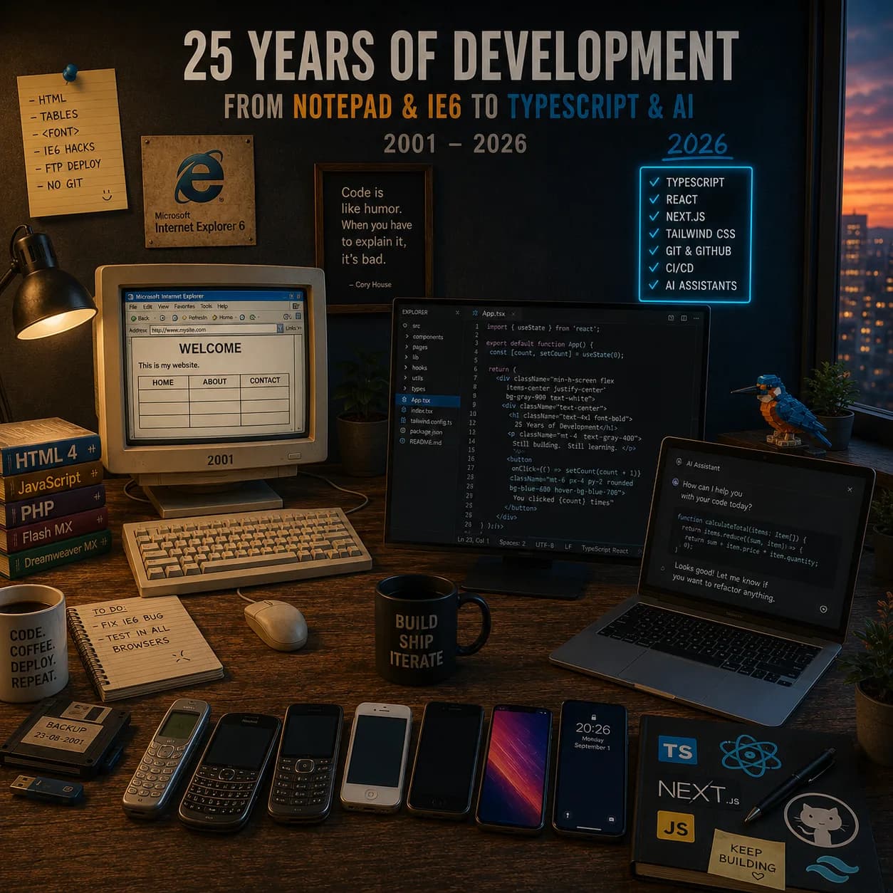 Bureau met links een CRT-monitor uit 2001 met een tabel-layout en rechts een moderne setup met TypeScript en een AI-assistent, met daartussen een rij telefoons van toen tot nu